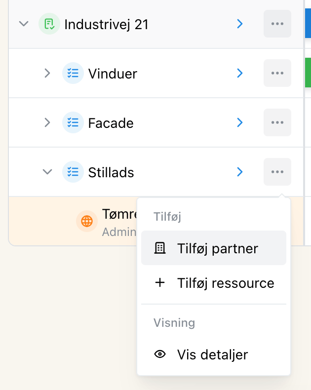 Projektmenu med mulighed for at tilføje partner til opgave eller fase