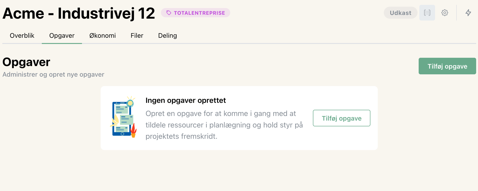 Skærmbillede af oprettelse af opgave med Tilføj opgave knap
