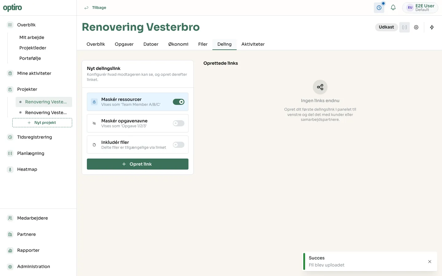 Panelet til at konfigurere et nyt delingslink