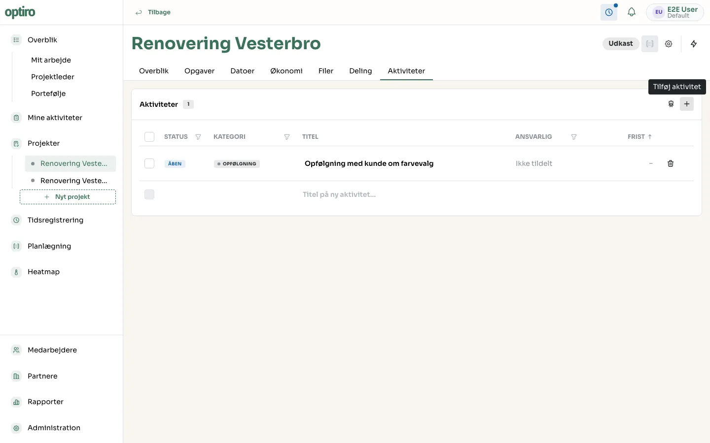 A newly created activity in the activity list