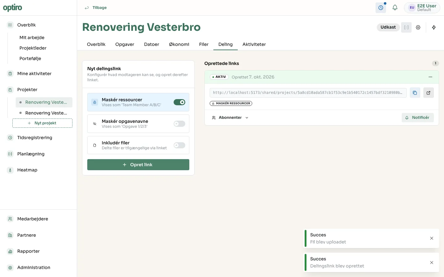 Et oprettet delingslink med status Aktiv