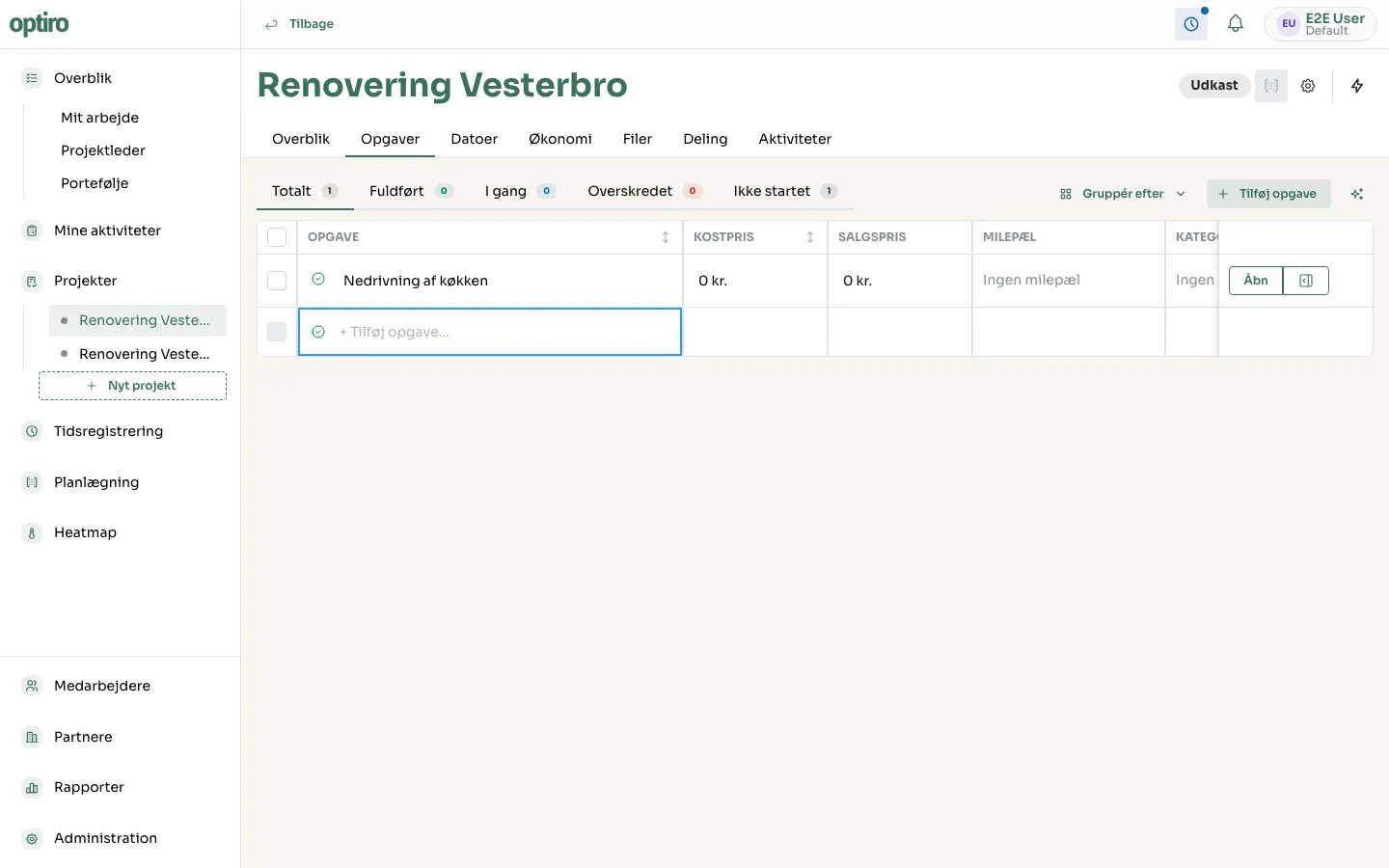 A newly created task in the task list