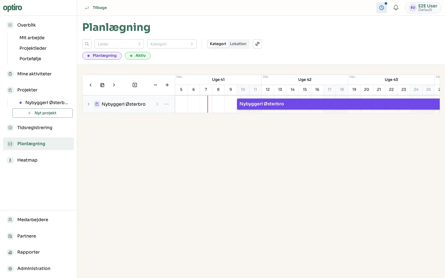 The planning view with the project shown as a bar on the timeline