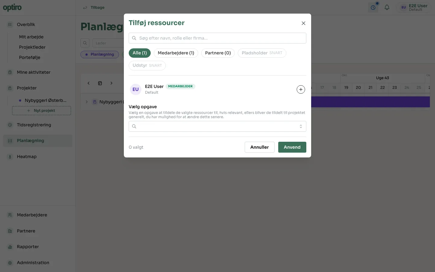 The dialog for choosing resources to assign to the project